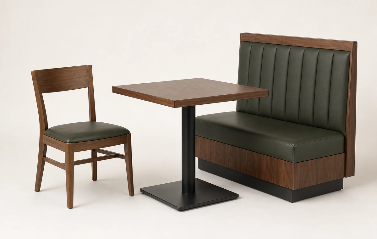 MOTING dining chair, restaurant table, and booth module product grouping