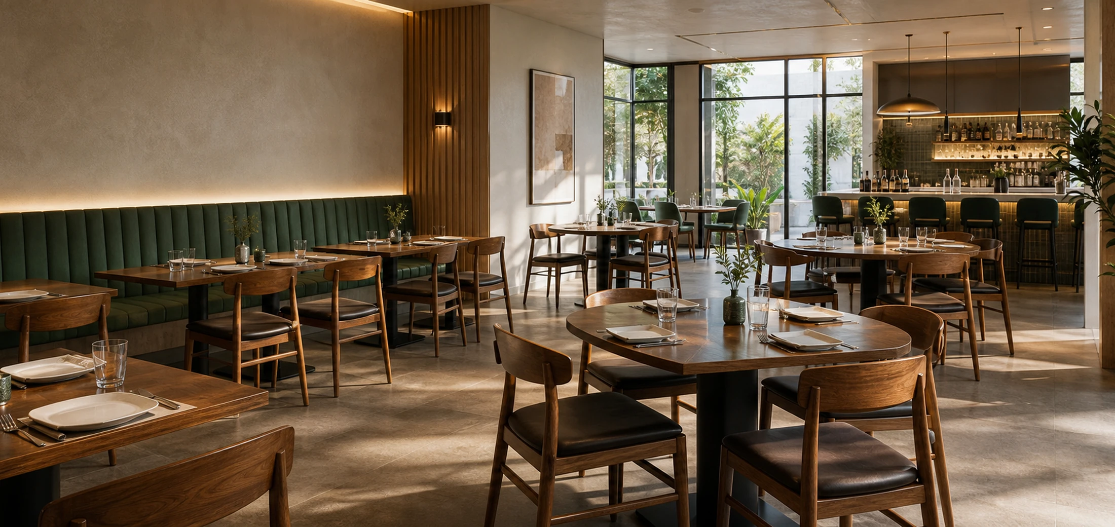 Bright commercial restaurant furnished with MOTING dining chairs, tables, banquette seating, and bar furniture