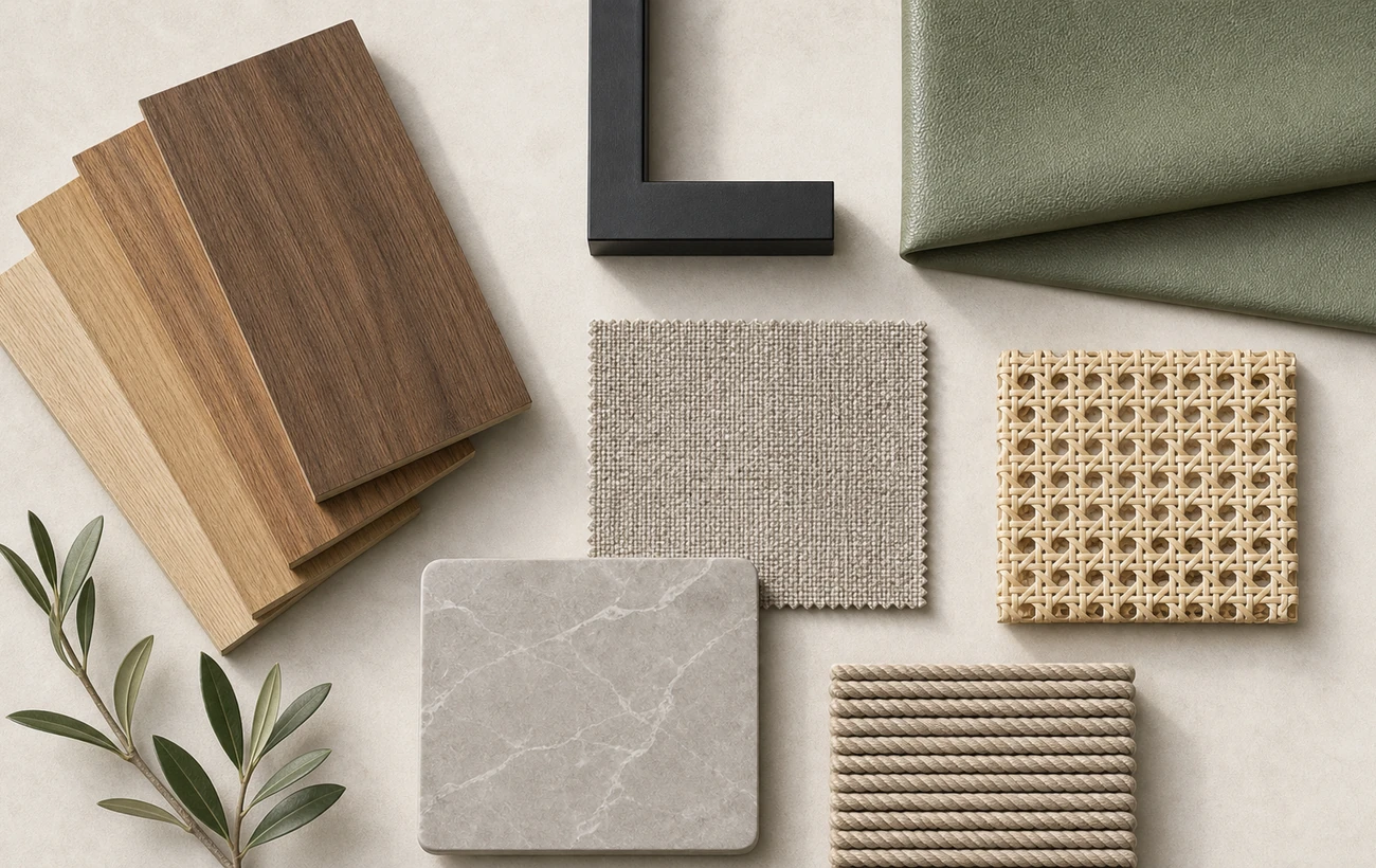 Wood, fabric, metal, rattan, rope, and table top material board