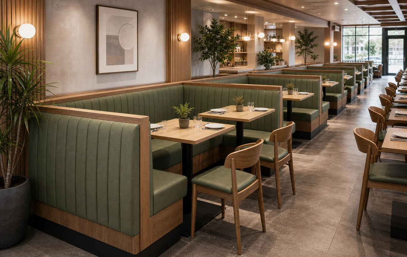 Restaurant booth seating layout with aqua upholstery