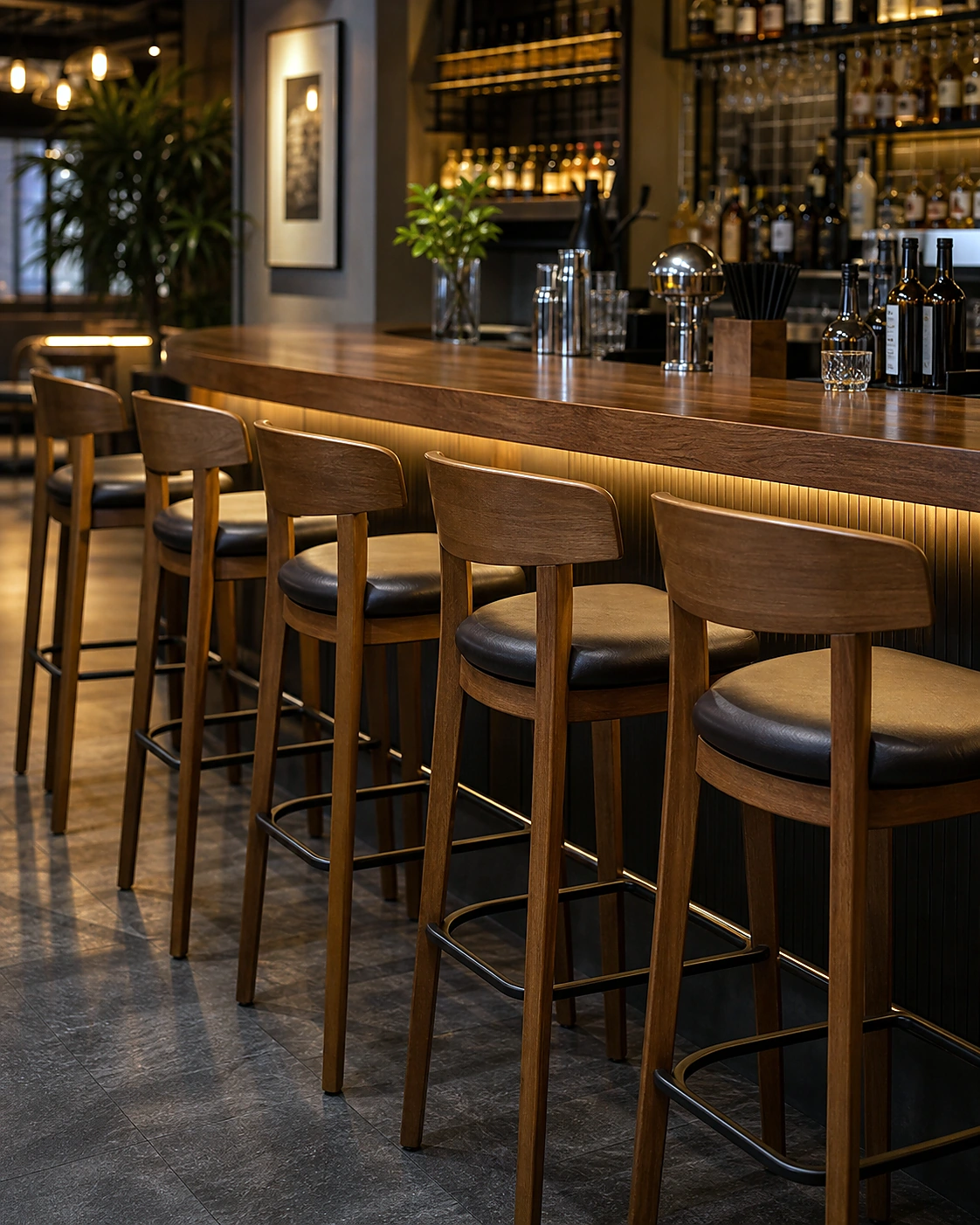 Wood and upholstered commercial bar stool
