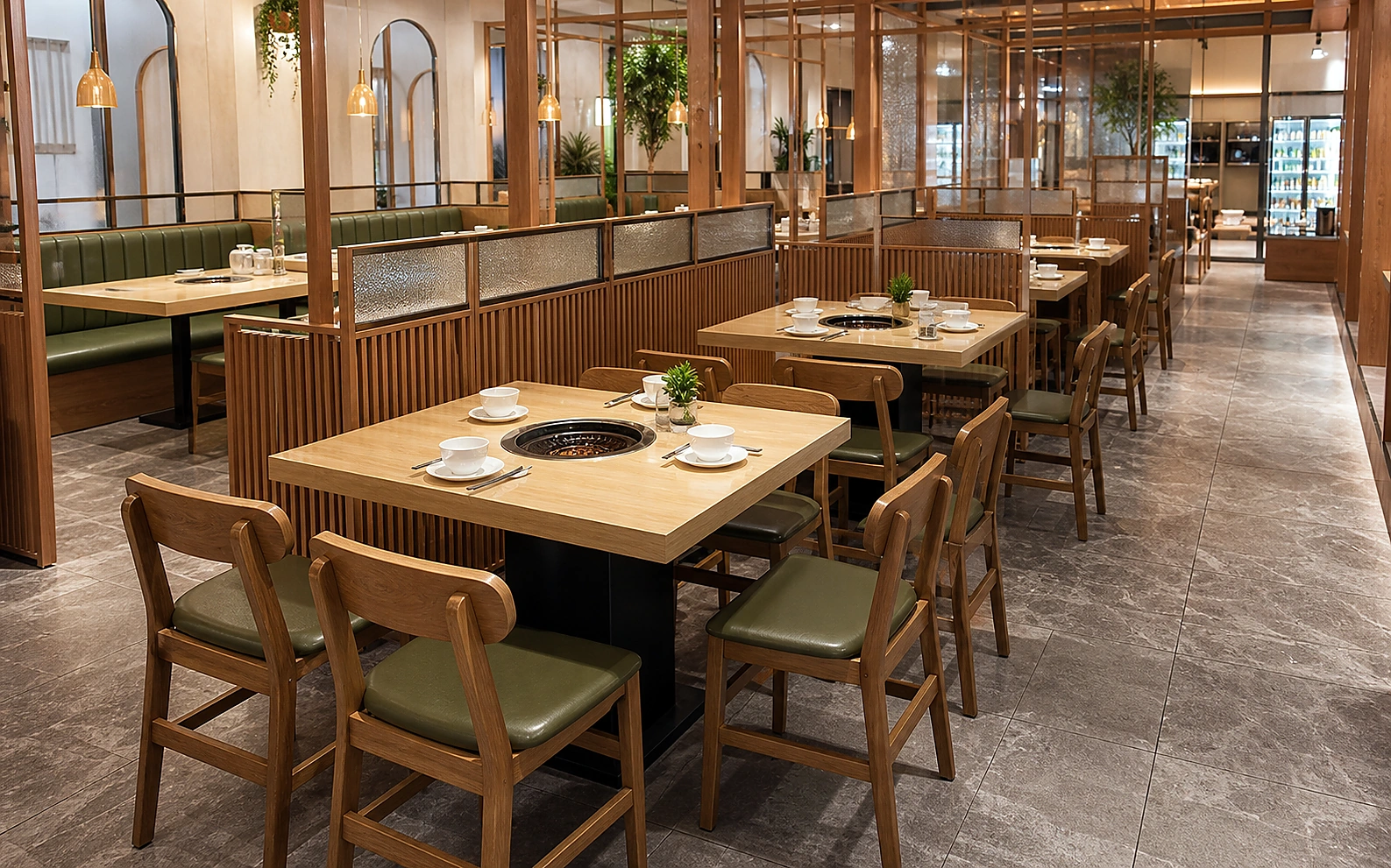 Long solid wood restaurant dining table